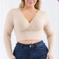 Plus Size Ribbed Wrap Front Long Sleeve Top