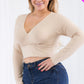 Plus Size Ribbed Wrap Front Long Sleeve Top