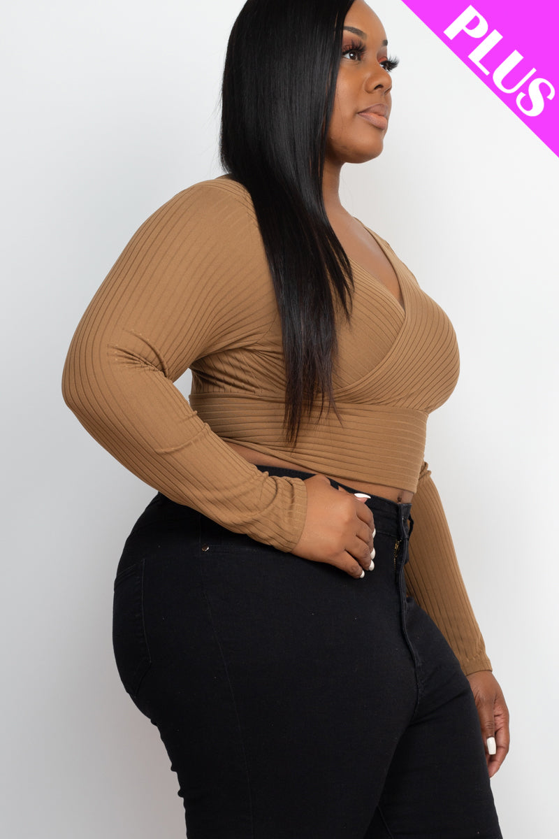 Plus Size Ribbed Wrap Front Long Sleeve Top
