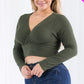 Plus Size Ribbed Wrap Front Long Sleeve Top
