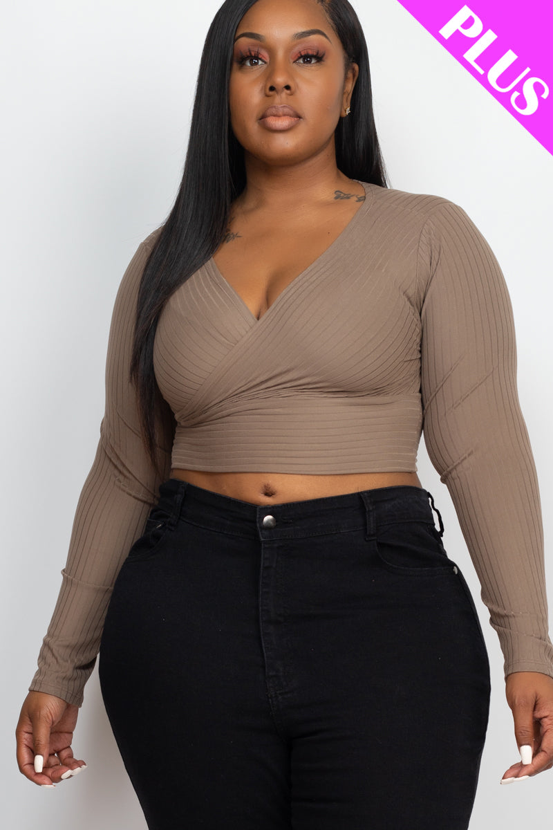 Plus Size Ribbed Wrap Front Long Sleeve Top