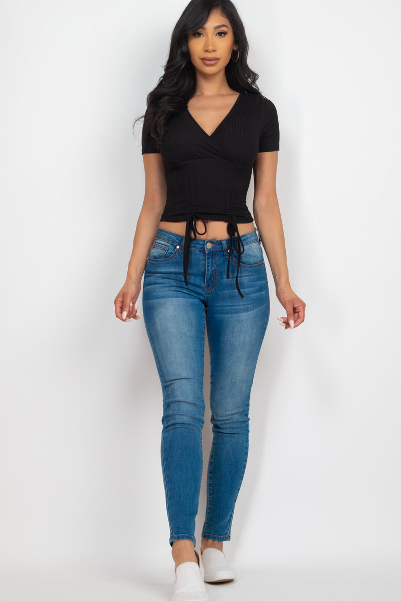 Ribbed Ruched Drawstring Surplice Top