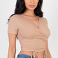Ribbed Ruched Drawstring Surplice Top