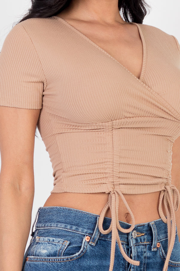 Ribbed Ruched Drawstring Surplice Top
