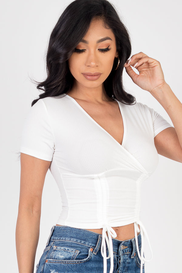 Ribbed Ruched Drawstring Surplice Top