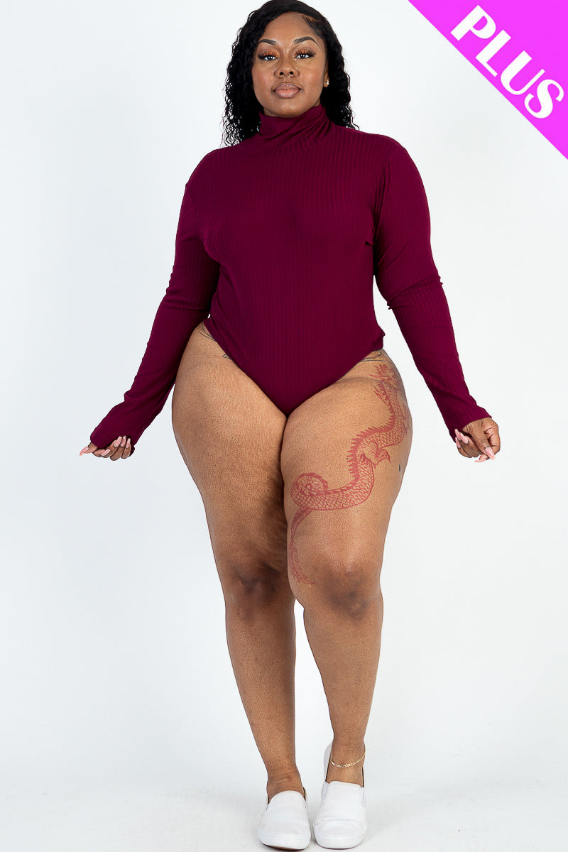 Plus Size Ribbed Turtle Neck Long Sleeve Bodysuit