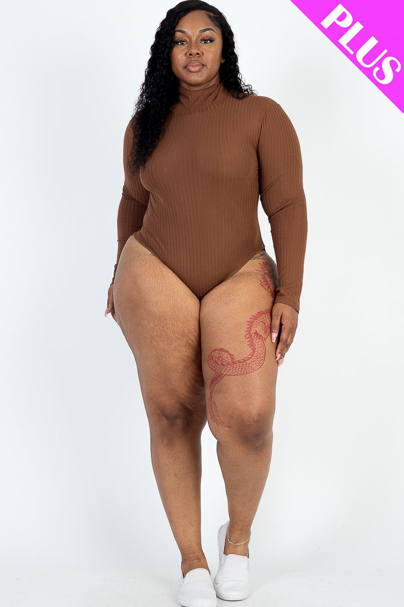Plus Size Ribbed Turtle Neck Long Sleeve Bodysuit