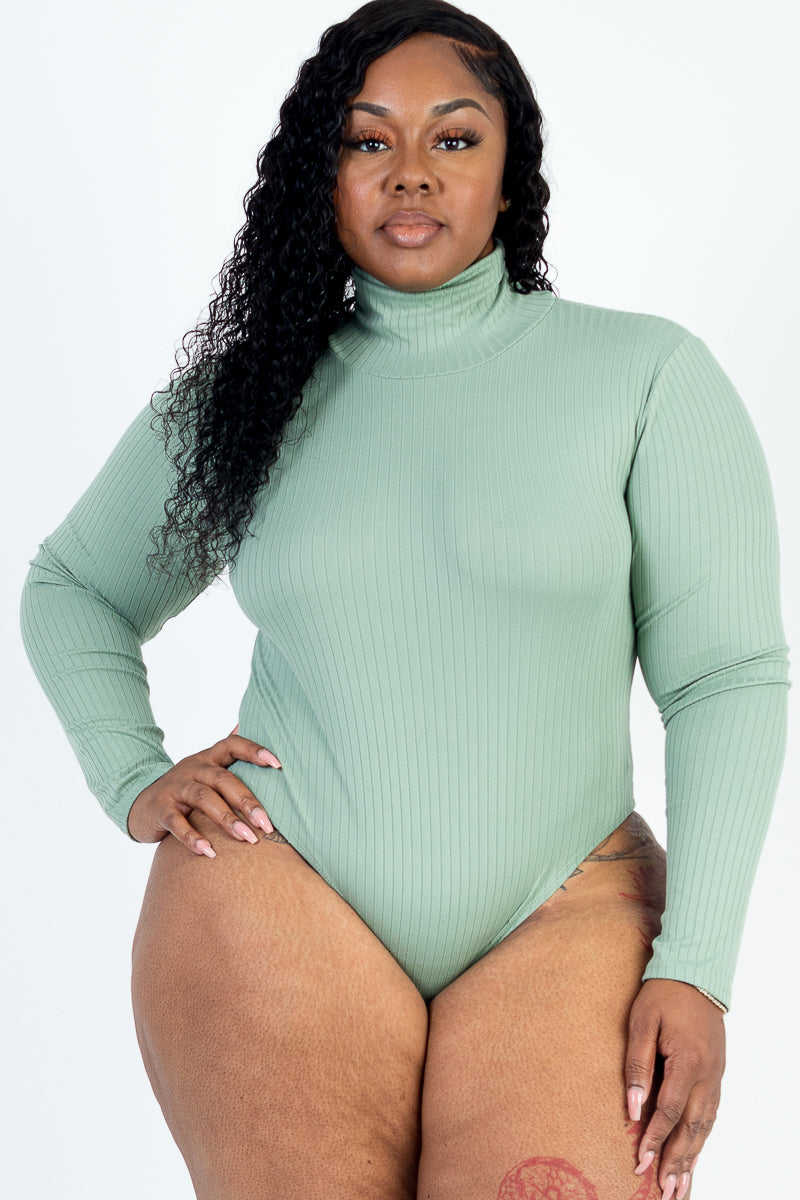 Plus Size Ribbed Turtle Neck Long Sleeve Bodysuit