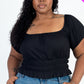 Casual Ruched Puff Sleeve Ribbed Knit Solid Top