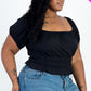 Casual Ruched Puff Sleeve Ribbed Knit Solid Top