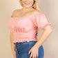Casual Ruched Puff Sleeve Ribbed Knit Solid Top
