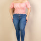 Casual Ruched Puff Sleeve Ribbed Knit Solid Top