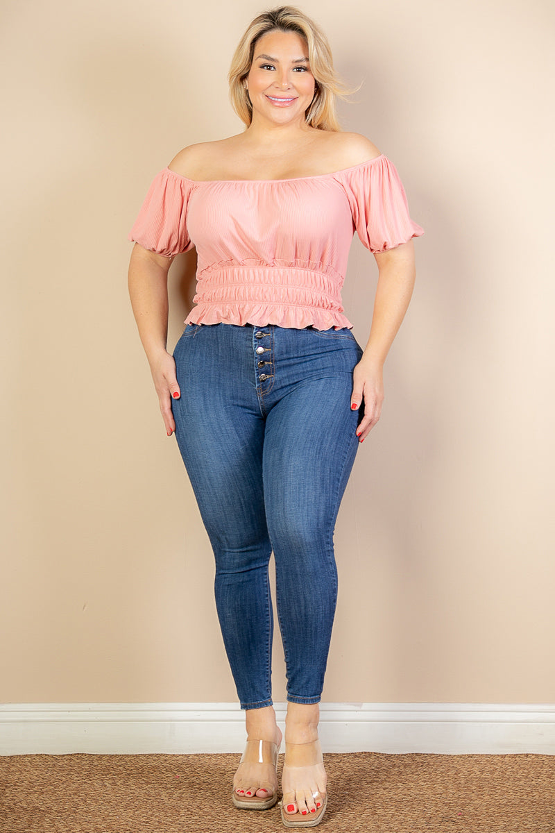 Casual Ruched Puff Sleeve Ribbed Knit Solid Top