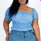 Casual Ruched Puff Sleeve Ribbed Knit Solid Top