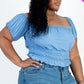 Casual Ruched Puff Sleeve Ribbed Knit Solid Top