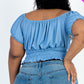 Casual Ruched Puff Sleeve Ribbed Knit Solid Top