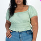 Casual Ruched Puff Sleeve Ribbed Knit Solid Top