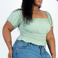 Casual Ruched Puff Sleeve Ribbed Knit Solid Top