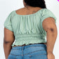 Casual Ruched Puff Sleeve Ribbed Knit Solid Top