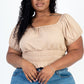 Casual Ruched Puff Sleeve Ribbed Knit Solid Top