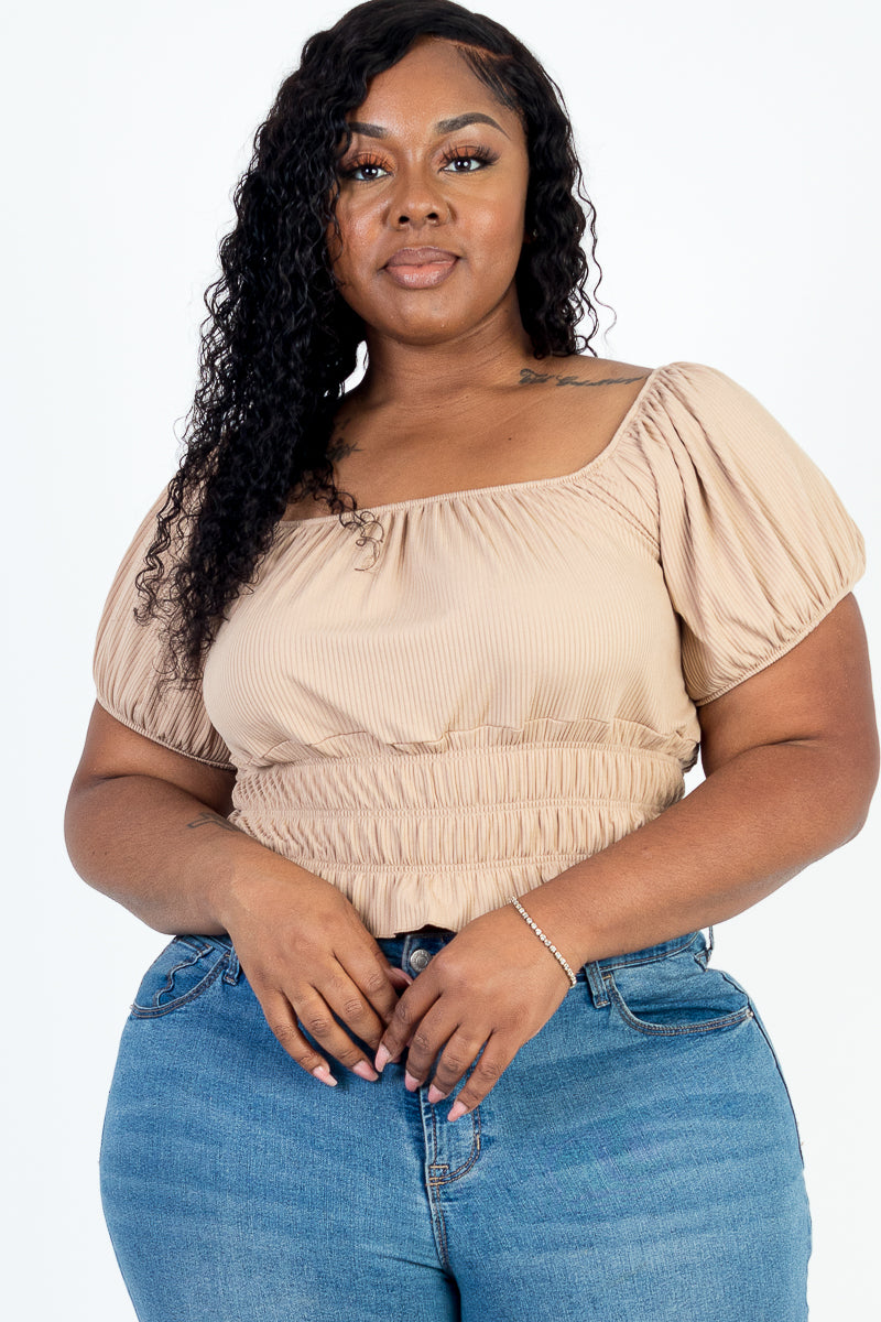 Casual Ruched Puff Sleeve Ribbed Knit Solid Top