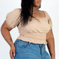 Casual Ruched Puff Sleeve Ribbed Knit Solid Top
