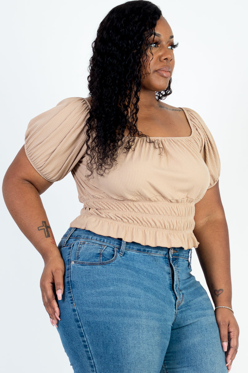 Casual Ruched Puff Sleeve Ribbed Knit Solid Top
