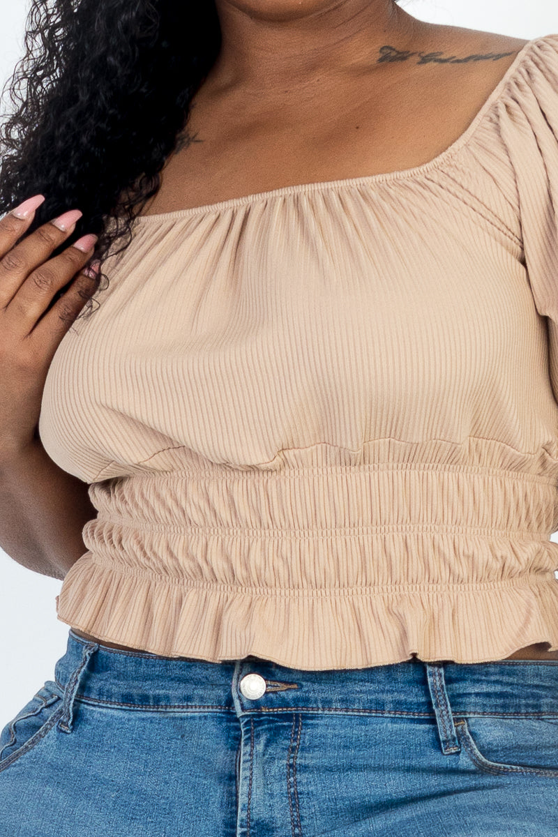 Casual Ruched Puff Sleeve Ribbed Knit Solid Top