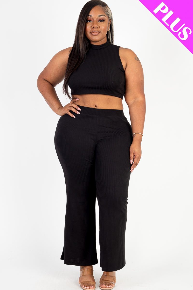 Ribbed Mock Neck Crop Tank Top& Bootcut Pants Set