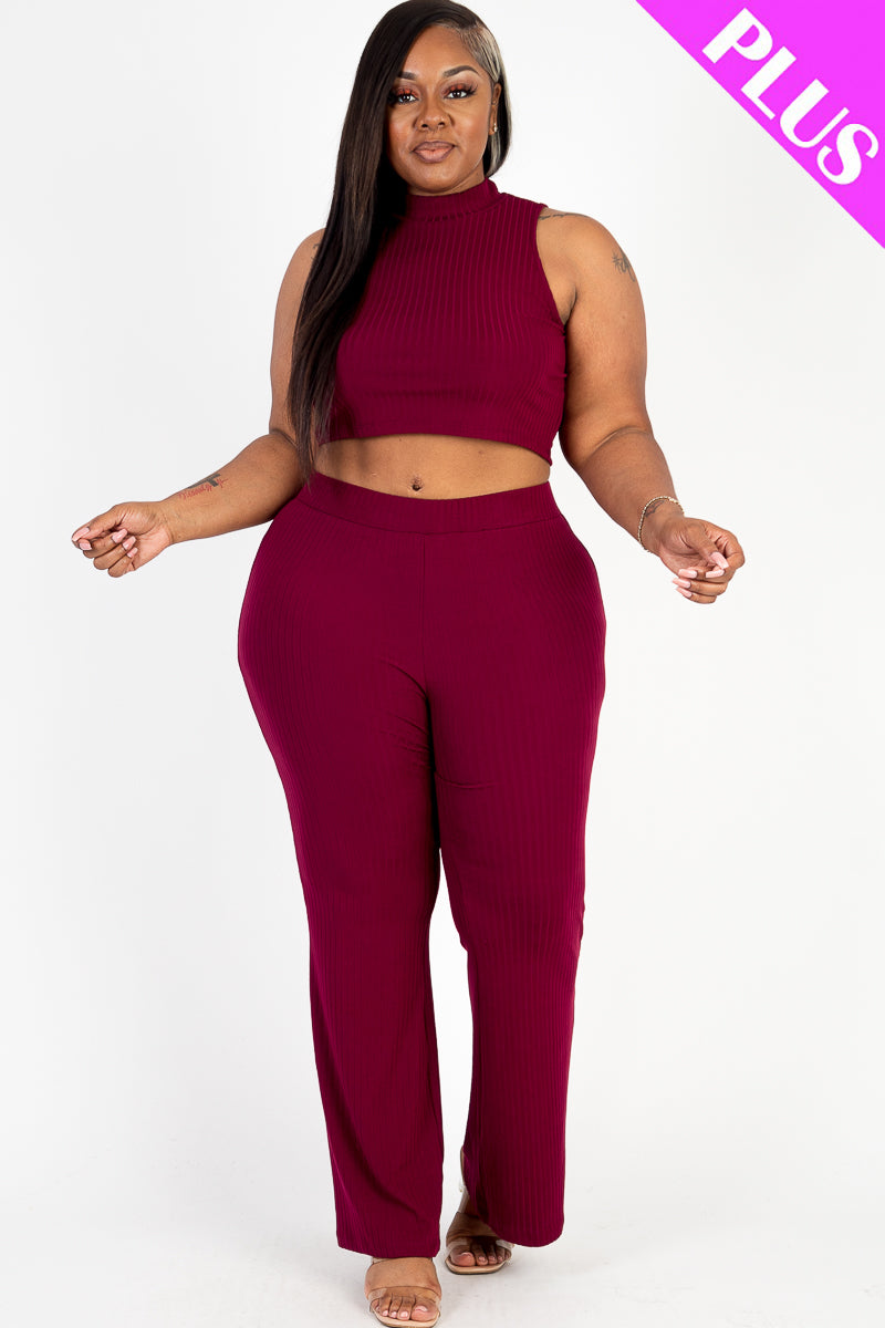 Ribbed Mock Neck Crop Tank Top& Bootcut Pants Set