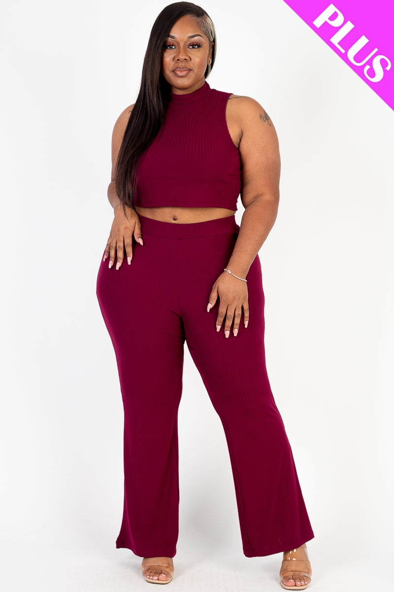 Ribbed Mock Neck Crop Tank Top& Bootcut Pants Set