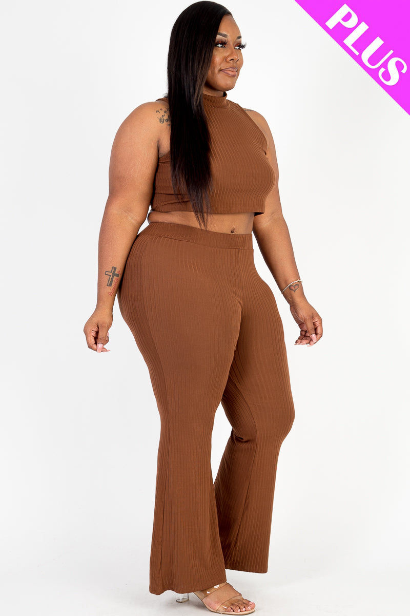 Ribbed Mock Neck Crop Tank Top& Bootcut Pants Set