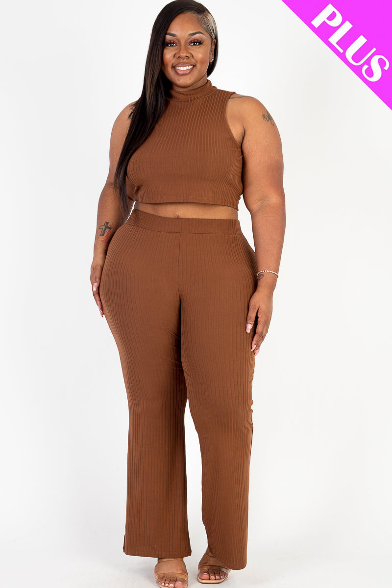 Ribbed Mock Neck Crop Tank Top& Bootcut Pants Set
