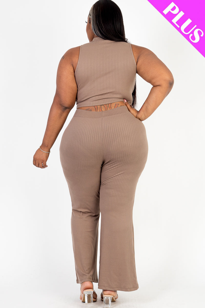 Ribbed Mock Neck Crop Tank Top& Bootcut Pants Set