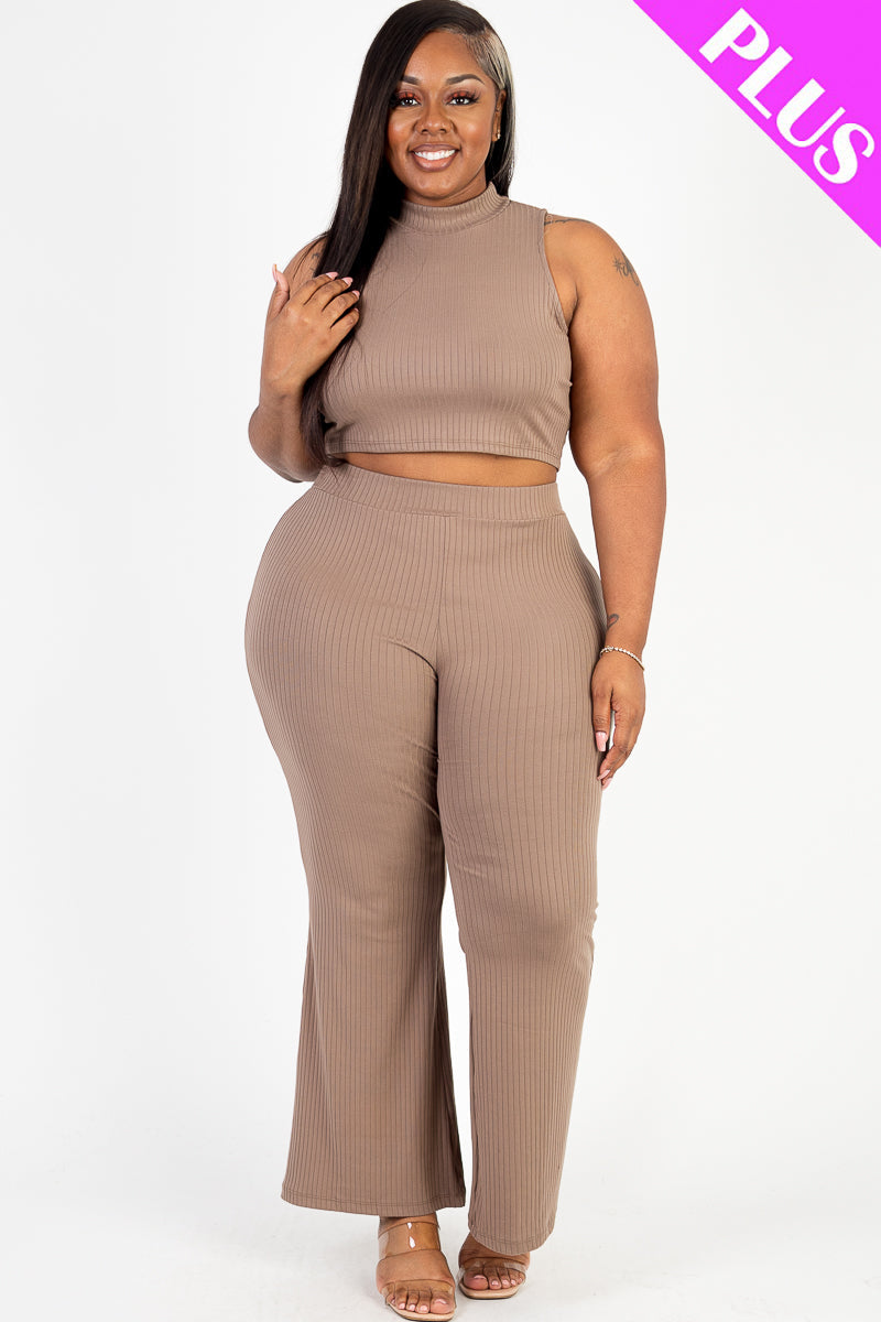 Ribbed Mock Neck Crop Tank Top& Bootcut Pants Set
