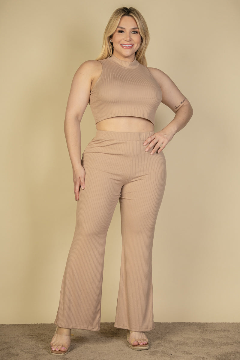 Ribbed Mock Neck Crop Tank Top& Bootcut Pants Set