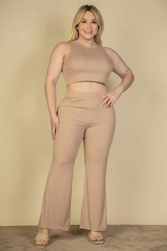 Ribbed Mock Neck Crop Tank Top& Bootcut Pants Set