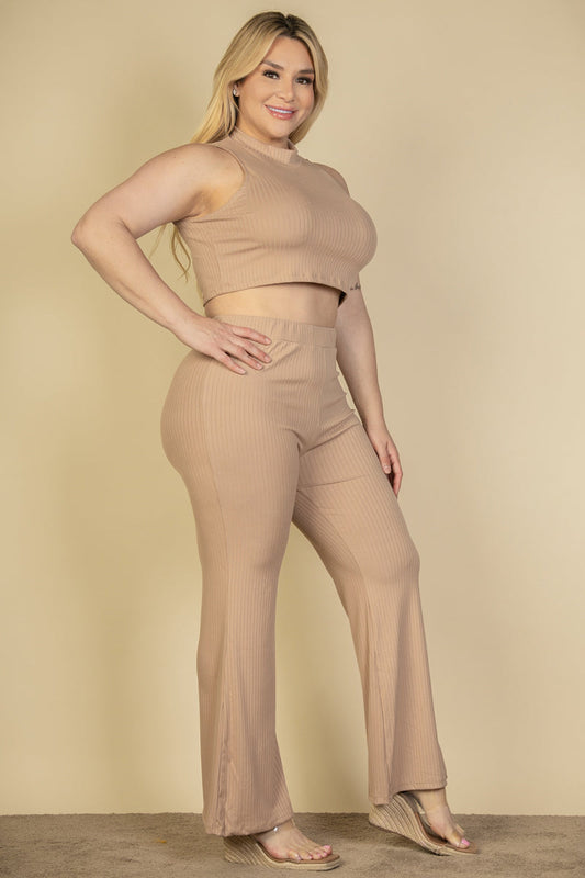 Ribbed Mock Neck Crop Tank Top& Bootcut Pants Set