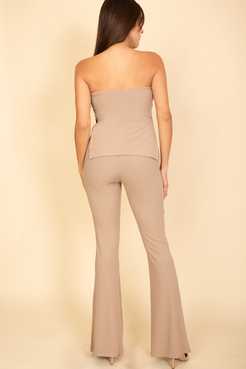 Ribbed Side Slit Bandeau Top & Flare Pants Set