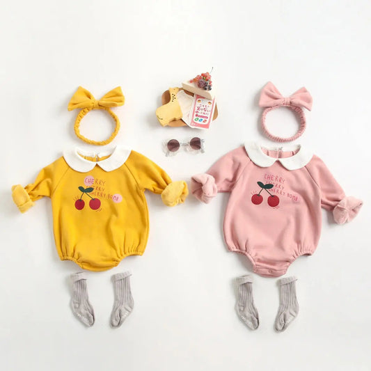 1pcs Cherry & Slogan Pattern Doll Neck Longsleeve Onesies