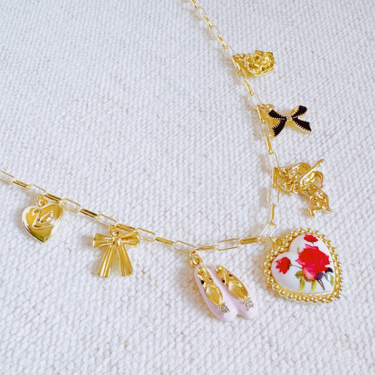 Ballet Garden Charm Necklace – Whimsical Gold Chain with Rose, Swan, Angel & Ballet Shoe Charms