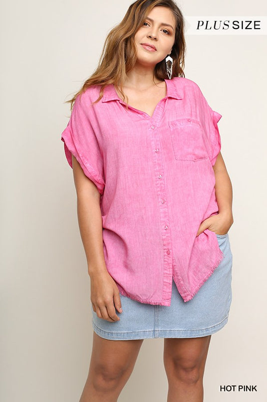“Amara” Hot Pink Washed Button Up