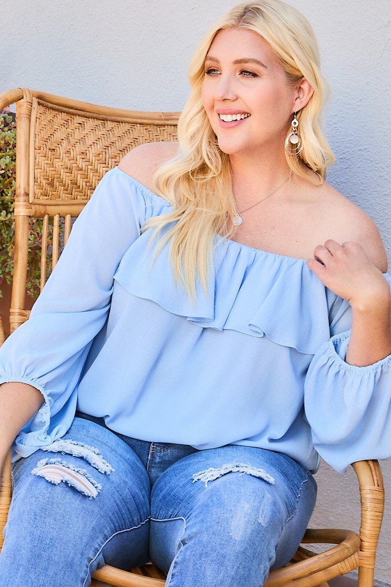 “Belle” Dusty Blue Bubble Sleeve Top