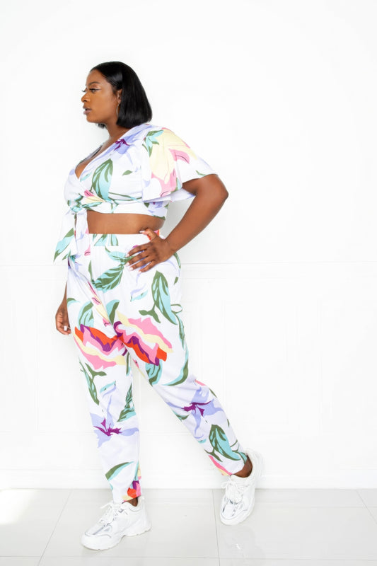 “Floral Arts” White Jogger & Top Set