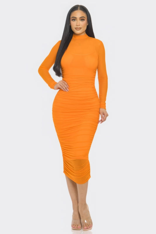 “Bianca” Orange Ruched Midi Dress