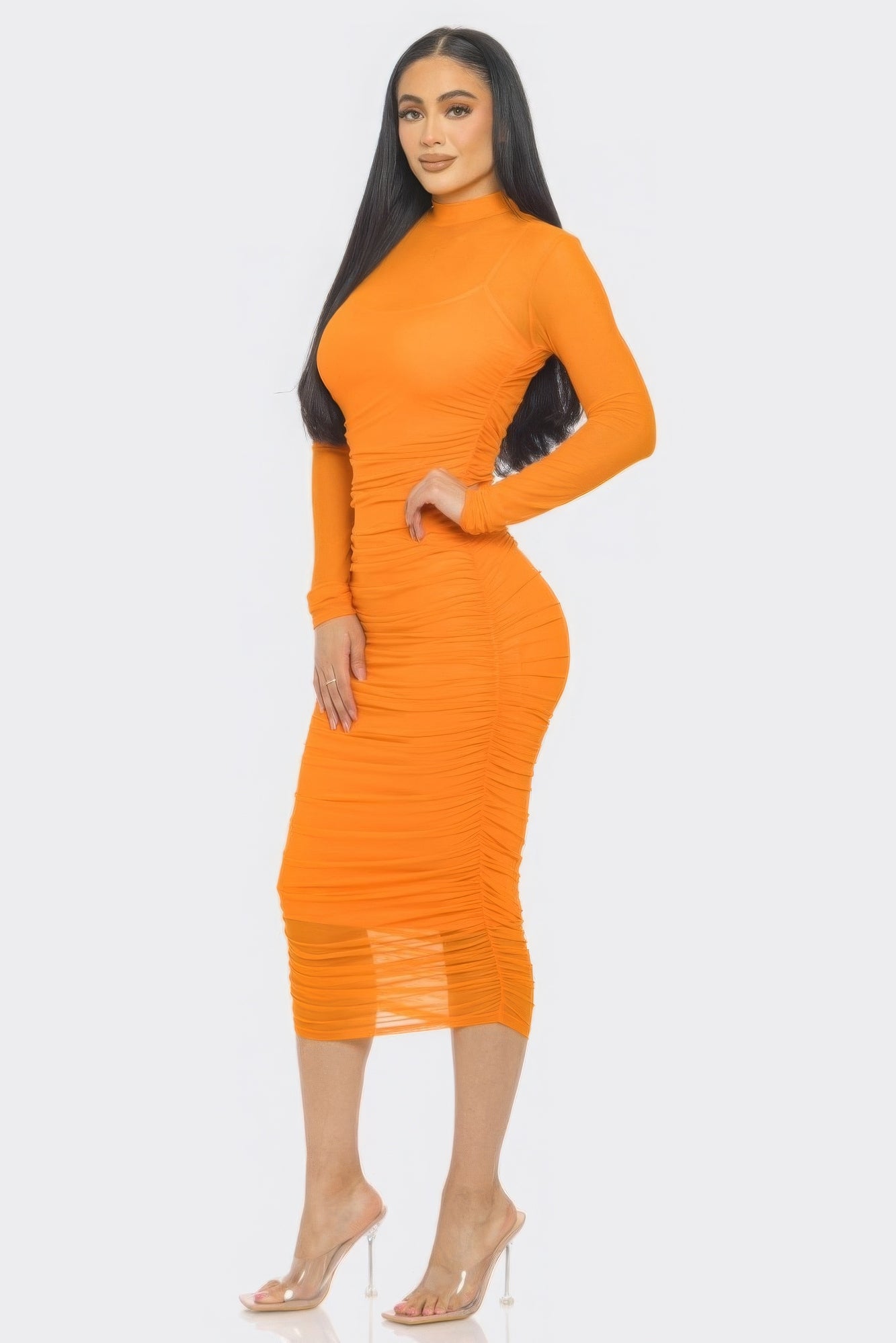 “Bianca” Orange Ruched Midi Dress