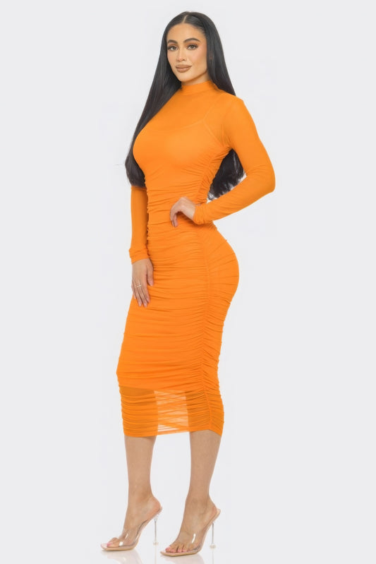 “Bianca” Orange Ruched Midi Dress