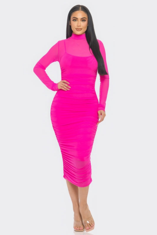 “Bianca” Fuchsia Ruched Midi Dress