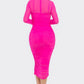 “Bianca” Fuchsia Ruched Midi Dress