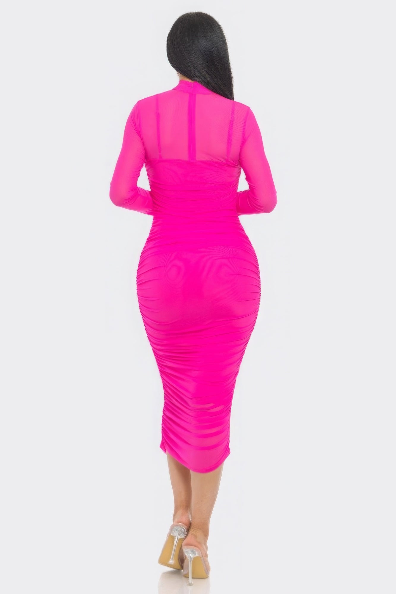 “Bianca” Fuchsia Ruched Midi Dress
